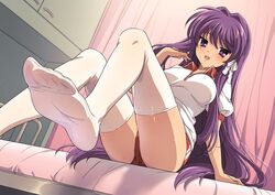  bed blush breasts buruma clannad commentary_request curtains feet female foot_focus foreshortening fujibayashi_kyou gym_shirt gym_uniform hair_between_eyes hair_ribbon hotaru_iori indoors long_hair looking_at_viewer medium_breasts no_shoes on_bed parted_lips presenting_foot purple_eyes purple_hair red_buruma ribbon shirt short_sleeves sitting soles solo sweat teeth thighhighs upper_teeth_only very_long_hair white_shirt white_thighhighs 