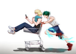  3boys baby bakugou_katsuki blonde_hair blush boku_no_hero_academia boots brown_hair cart cellphone closed_eyes electricity freckles green_hair male_focus midoriya_izuku multiple_boys open_mouth phone red_eyes seoltang_(nitro_sugar) shirt shopping_cart short_hair shorts smartphone smile spiked_hair tank_top twitter_username white_background 