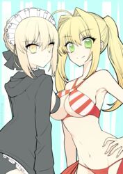  2girls ahoge artoria_pendragon_(alter_swimsuit_rider)_(fate) artoria_pendragon_(alter_swimsuit_rider)_(second_ascension)_(fate) artoria_pendragon_(fate) bare_shoulders bikini black_bikini black_jacket black_ribbon blonde_hair blush braid breasts choker cleavage collarbone commentary_request criss-cross_halter fate/grand_order fate_(series) french_braid frilled_choker frills green_eyes hair_between_eyes hair_bun hair_intakes hair_ribbon halterneck highres hood hooded_jacket jacket large_breasts long_hair long_sleeves looking_at_viewer maid maid_bikini maid_headdress medium_breasts multiple_girls navel nero_claudius_(fate) nero_claudius_(swimsuit_caster)_(fate) open_clothes open_jacket red_bikini ribbon side-tie_bikini_bottom sidelocks single_hair_bun smile striped_bikini striped_clothes suzukimadaka swimsuit twintails unconventional_maid yellow_eyes 