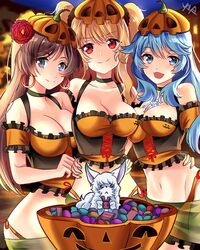  3girls anne_bonny_(fate) artemis_(fate) blonde_hair breasts brown_hair candy cleavage commission commissioner_upload cosplay earrings fate/grand_order fate_(series) food fou_(fate) girl_sandwich grey_eyes halloween hoop_earrings jack-o&#039;-lantern jewelry mata_hari_(fate) mata_hari_(fate)_(cosplay) mata_hari_(mata_hari&#039;s_tavern)_(fate) matching_outfits multiple_girls navel necklace red_eyes sandwiched yaya_chan 