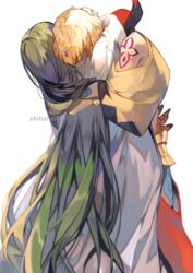  1boy 1other androgynous artist_name bare_shoulders commentary_request enkidu_(fate) fate/grand_order fate/strange_fake fate_(series) gilgamesh_(caster)_(fate) gilgamesh_(fate) green_hair hand_on_another&#039;s_head hug jewelry long_hair long_sleeves otoko_no_ko robe shihoran shoulder_tattoo simple_background standing tattoo very_long_hair white_background white_robe wide_sleeves 