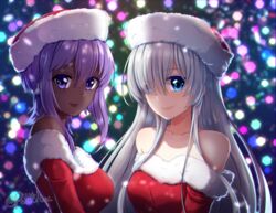  2girls anastasia_(fate) bare_shoulders blue_eyes breasts christmas closed_mouth collarbone commission commissioner_upload dark-skinned_female dark_skin dress english_commentary eyes_visible_through_hair fate/grand_order fate/prototype fate_(series) fur-trimmed_dress fur-trimmed_headwear fur_trim grey_hair hair_between_eyes hair_over_one_eye hassan_of_serenity_(fate) hat long_hair looking_at_viewer medium_breasts multicolored_background multiple_girls pattikou purple_eyes purple_hair red_dress red_headwear santa_costume santa_hat short_hair short_hair_with_long_locks sidelocks smile strapless strapless_dress twitter_username very_dark_skin white_hair 