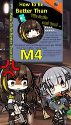  1hr10min 2girls anger_vein angry assault_rifle bar_(place) bar_stool bgm-71_(girls&#039;_frontline) blush book brown_eyes brown_hair chibi commentary drooling emblem english_text full_body girls&#039;_frontline gloves green_hair grey_hair gun hair_ornament hairclip headphones highres holding holding_weapon jacket long_hair m4_carbine m4a1_(girls&#039;_frontline) multicolored_hair multiple_girls reading rifle saru_(style) shelf sitting sitting_on_object smile standing stool streaked_hair stuffed_animal stuffed_toy teddy_bear waifu2x weapon 