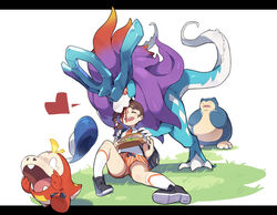  :d ^_^ backpack bag biting black_bag blank_eyes blood blood_on_face braid bread brown_hair closed_eyes collared_shirt commentary female food fuecoco grass head_biting heart highres juliana_(pokemon) kabigon knees naranja_academy_school_uniform necktie open_mouth orange_necktie orange_shorts pokemon pokemon_(creature) pokemon_sv sandwich school_uniform shirt shoes shorts smile snorlax socks tearing_up teeth upper_teeth_only walking_wake white_background white_shirt white_socks 