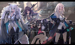  4girls absurdres alternate_costume animal_ear_fluff animal_ears arknights assault_rifle axe bad_id bad_pixiv_id battle_axe building bullpup ch&#039;en_(arknights) ch&#039;en_(arknights)_(cosplay) city cityscape commentary concealed_weapon cosplay crossover energy_wings exusiai_(arknights) exusiai_(arknights)_(cosplay) fams_(group) fingerless_gloves fox_ears fox_tail fur_collar gloves gun h&amp;k_hk416 halo highres hololive horns long_coat multiple_girls nakiri_ayame necktie oni ookami_mio oozora_subaru rifle shirakami_fubuki siege_(arknights) siege_(arknights)_(cosplay) silverash_(arknights) silverash_(arknights)_(cosplay) silverash_(elite_ii)_(arknights) skin-covered_horns sword sword_cane tail tsumeki virtual_youtuber weapon wolf_ears wolf_girl 