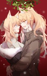  2girls animal_ear_fluff animal_ears arknights aunt_and_niece black_jacket blonde_hair blue_eyes blush bow brown_jacket chinese_commentary commentary english_commentary fur-trimmed_jacket fur_trim gemi_25 hairbow highres horse_ears hug incest jacket long_hair looking_at_another mistletoe mixed-language_commentary multiple_girls nearl_(arknights) oerba_yun_fang open_mouth ponytail red_background skin_fang snow sweater tied_hair turtleneck upper_body whislash_(arknights) white_sweater yellow_eyes yuri 