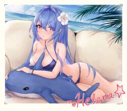  :o absurdres alternate_breast_size azur_lane beach between_breasts bikini blue_hair blue_nails blush breasts character_name day female flower groin hair_between_eyes hair_flower hair_ornament helena_(azur_lane) helena_(shimmering_triangle_wave)_(azur_lane) highres hip_focus ikea ikea_shark inflatable_shark inflatable_toy kyl490 large_breasts leaning_on_object long_hair looking_at_viewer lying medium_breasts nail_polish ocean on_side on_stomach open_mouth outdoors palm_tree purple_eyes signature solo staring stuffed_animal stuffed_shark stuffed_toy swimsuit thighs tree two-tone_bikini very_long_hair wet wet_bikini wet_clothes wet_hair wet_swimsuit white_flower 