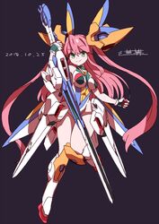  black_background breasts covered_navel dated female green_eyes gun gundam highres holding holding_gun holding_weapon humanization leotard long_hair mecha_musume medium_breasts michi_kuso pink_hair signature skin_tight solo v2_assault_gundam v2_gundam very_long_hair victory_gundam weapon 