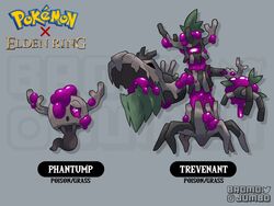  bromojumbo elden_ring fusion highres instagram_username logo no_humans phantump pokemon pokemon_(creature) trevenant twitter_username ulcerated_tree_spirit 