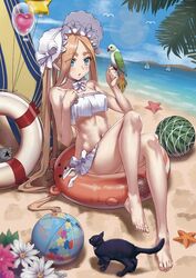  abigail_williams_(fate) abigail_williams_(swimsuit_foreigner)_(fate) abigail_williams_(swimsuit_foreigner)_(third_ascension)_(fate) bare_shoulders beach bikini bird blonde_hair blue_eyes blush bonnet bow breasts commentary fate/grand_order fate_(series) feline female forehead ge_(zmq67911029) hairbow long_hair miniskirt navel outdoors parakeet parted_bangs shore sidelocks skirt small_breasts solo swimsuit twintails very_long_hair white_bikini white_bow white_headwear 