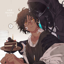  1boy 1other ? arknights bandaid bandaid_on_cheek bandaid_on_face bandaid_on_neck bespectacled birthday birthday_cake bishounen black_gloves cake dark-skinned_male dark_skin doctor_(arknights) ear_piercing english_commentary english_text food glasses gloves happy_birthday highres holding holding_pen hood hood_up jewelry long_sleeves male_focus manjyufroth necklace orange_eyes parted_lips pen piercing plate spoken_question_mark thorns_(arknights) upper_body 