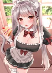  animal_ear_fluff animal_ears apron black_dress blurry blurry_background blush bow breasts cake cake_slice cat_ears cat_girl cat_tail cleavage commentary_request depth_of_field dress female food food_on_face frilled_apron frilled_thighhighs frills grey_hair hairbow highres holding holding_food indoors katsushika_pachi long_hair maid maid_headdress medium_breasts oerba_yun_fang original pleated_dress puffy_short_sleeves puffy_sleeves red_bow red_eyes short_sleeves solo standing tail thighhighs twintails very_long_hair white_apron white_thighhighs window 