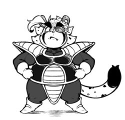  2023 anthro armor cheetah clothing dragon_ball dragon_ball_z felid feline fur gloves half-closed_eyes handwear male mammal markings monochrome narrowed_eyes scouter short_stack slightly_chubby slightly_chubby_anthro slightly_chubby_male solo spots spotted_body spotted_fur xing_the_cheetah xingscourge 