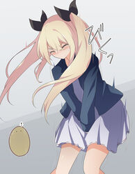  ! ^_^ between_legs black_ribbon bladder blonde_hair blue_jacket blush closed_eyes closed_mouth commentary_request dress embarrassed female flat_chest grey_background hair_between_eyes hair_ribbon hand_between_legs have_to_pee highres jacket leaning_forward long_hair long_sleeves nose_blush open_clothes open_jacket original own_hands_together ribbon ribbon-trimmed_skirt ribbon_trim short_dress sidelocks simple_background solo speech_bubble split_mouth spoken_exclamation_mark standing translated trembling twintails urine urine_meter v-shaped_eyebrows v_arms watakarashi 