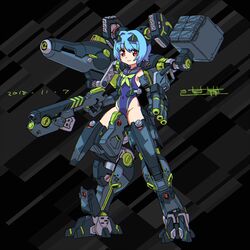  arm_cannon armored_core armored_core_2 armored_core_2:_another_age blue_hair breasts clenched_hand covered_navel dated female gun highres holding holding_gun holding_weapon mecha_musume mecha_request michi_kuso missile_pod personification sailor_collar shoulder_cannon skin_tight small_breasts smile solo weapon 