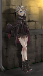  ange_(princess_principal) black_cape black_footwear black_gloves black_hat black_leotard blue_eyes blush boots braid cape female full_body fur-trimmed_cape fur_trim gloves grey_hair gun handgun hat highres holding holding_clothes holding_gun holding_hat holding_weapon leotard looking_at_viewer outdoors photoshop_(medium) princess_principal shokuyou_koori short_hair single_braid solo standing unworn_hat unworn_headwear weapon 