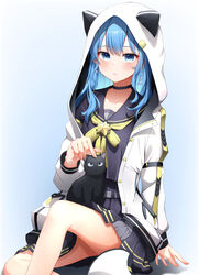  absurdres animal_hood animal_on_lap bare_legs black_cat black_choker black_sailor_collar black_serafuku black_shirt black_skirt blue_eyes blue_hair blush bow bowtie cat_hood cat_on_lap choker colored_inner_hair earrings feline female highres hololive hood hood_up hooded_jacket hoshimachi_suisei hoshimachi_suisei_(school_uniform) jacket jewelry long_hair long_sleeves looking_at_viewer multicolored_hair official_alternate_costume official_alternate_hair_length official_alternate_hairstyle on_lap open_clothes open_jacket parted_lips pepushi_drow petting pleated_skirt sailor_collar school_uniform serafuku shirt simple_background sitting skirt solo star_(symbol) virtual_youtuber white_jacket yellow_bow yellow_bowtie 