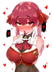  absurdres armpit_crease blush breasts choker cleavage cropped_jacket drooling english_commentary eyelashes female frilled_choker frills gold_trim hair_ribbon hands_up heart heterochromia highres hololive honeymelon houshou_marine houshou_marine_(1st_costume) in_heat jacket large_breasts leotard leotard_under_clothes long_hair looking_at_viewer neckerchief ok_sign penetration_gesture red_eyes red_hair red_jacket red_neckerchief red_ribbon ribbon saliva see-through see-through_cleavage sexually_suggestive shadow shiny_clothes sidelocks simple_background sleeveless sleeveless_jacket solo steaming_body sweatdrop tongue tongue_out twintails upper_body virtual_youtuber white_background yellow_eyes 