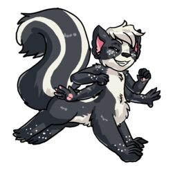  1:1 4_arms alpha_channel closed_eyes grin hair jumping juniper_skunktaur male mammal mammal_taur mephitid mephitid_taur merlin-the-bruce multi_arm multi_limb multifur simple_background skunk skunk_taur smile solo taur transparent_background white_hair 