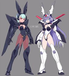  2girls animal_ears av-xo_type_zero blue_eyes blue_hair breasts cleavage commentary_request covered_navel green_hair hair_between_eyes highres kidou_keisatsu_patlabor leggings leotard long_hair mechanical_ears medium_breasts michi_kuso multiple_girls open_hands pantyhose personification playboy_bunny police purple_hair rabbit_ears red_eyes standing type_j-9_griffon very_long_hair 