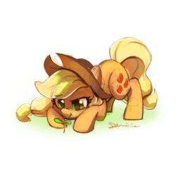  2018 applejack_(mlp) blonde_hair celebi-yoshi clothing cowboy_hat cutie_mark digital_media_(artwork) earth_pony equid equine eyelashes female feral friendship_is_magic green_eyes hair half-closed_eyes hasbro hat headgear headwear hi_res horse mammal my_little_pony narrowed_eyes orange_body pony signature solo tail yellow_tail 