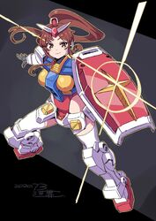  breasts brown_eyes brown_hair covered_nipples dated female floating_hair gundam highres holding holding_shield humanization long_hair mecha_musume medium_breasts michi_kuso mobile_suit_gundam open_hand ponytail ready_player_one rx-78-2 shield shiny solo thighhighs 