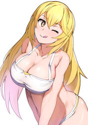  ;q blonde_hair breasts cleavage commentary_request crop_top female hair_between_eyes large_breasts long_hair looking_at_viewer naughty_face one_eye_closed shokuhou_misaki sikijou77o simple_background smile solo sparkling_eyes symbol-shaped_pupils toaru_kagaku_no_mental_out toaru_kagaku_no_railgun toaru_majutsu_no_index tongue tongue_out very_long_hair yellow_eyes 