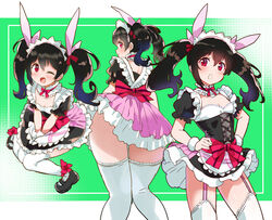  :o ;d alternate_costume black_footwear black_hair breasts commentary_request enmaided female from_behind garter_straps green_background hair_ribbon hands_on_own_hips kurokawa_makoto long_hair looking_at_viewer love_live! love_live!_school_idol_project maid multiple_views one_eye_closed open_mouth puffy_short_sleeves puffy_sleeves red_eyes ribbon sash shoes short_sleeves sitting small_breasts smile thighhighs twintails two-tone_background v_arms white_thighhighs wrist_cuffs yazawa_nico 