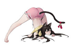  :&lt; animal_ears ass bad_id bad_twitter_id barefoot bell brown_eyes brown_hair cat_ears cat_girl cat_tail clothing_cutout commentary dongho_kang female flexible full_body hair_between_eyes heart heart_cutout highres jack-o&#039;_challenge long_hair looking_at_viewer looking_up meme original pink_shorts short_shorts short_sleeves shorts simple_background solo spread_legs tail tail_through_clothes top-down_bottom-up white_background 