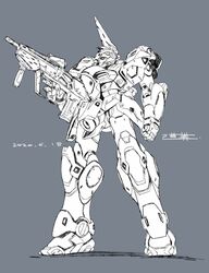  artist_name dated foregrip grey_background gun highres holding holding_gun holding_weapon horns looking_ahead mecha michi_kuso no_humans original robot science_fiction signature single_horn solo standing weapon 