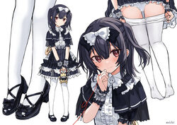  alternate_costume ass black_capelet black_dress black_footwear black_hair blush bow capelet clothes_pull dress eluthel female finger_ribbon flat_chest frilled_cuffs frilled_dress frills full_body gothic_lolita hair_between_eyes hairbow highres holding idolmaster idolmaster_shiny_colors lace-trimmed_panties lace_trim lolita_fashion long_hair looking_at_viewer mary_janes morino_rinze multiple_views panties pantyhose pantyhose_pull pinky_out pulling_own_clothes red_eyes red_ribbon ribbon shoes short_sleeves simple_background smile standing string string_of_fate twintails twitter_username underwear white_background white_panties white_pantyhose wrist_cuffs 