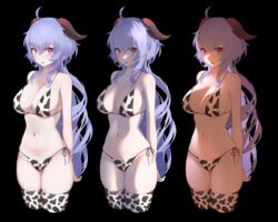  absurdres ahoge animal_print bikini black_background blue_hair blush breasts cleavage cow_print cow_print_bikini female ganyu_(genshin_impact) genshin_impact highres horns large_breasts long_hair looking_at_viewer multiple_views navel open_mouth print_bikini purple_eyes simple_background sweatdrop swimsuit thighhighs waytok 