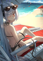  absurdres beach beach_mat bikini black-framed_eyewear black_bikini black_gloves black_ribbon blue_archive blush chair cloud day demon_tail eyewear_on_head female from_behind gileu gloves grey_hair hair_over_one_eye hair_ribbon halo halterneck hand_up highres iori_(blue_archive) iori_(swimsuit)_(blue_archive) leg_belt long_hair looking_at_viewer lounge_chair multi-strapped_bikini_bottom outdoors parasol parted_lips red_eyes ribbon sand side-tie_bikini_bottom sitting solo_focus string_bikini sunglasses swimsuit tail twintails umbrella water 