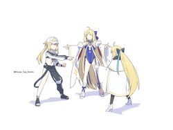  2girls aesc_(fate) ahoge artoria_caster_(fate) artoria_caster_(swimsuit)_(fate) artoria_caster_(swimsuit)_(first_ascension)_(fate) artoria_caster_(swimsuit)_(third_ascension)_(fate) artoria_pendragon_(fate) black_bow black_fur black_pants black_pantyhose blonde_hair blue_bow blue_ribbon bow cape faceless fate/grand_order fate_(series) fur_trim hairbow highres house_tag_denim jacket long_hair long_sleeves marvel meme multiple_girls pants pantyhose pointing_spider-man_(meme) ribbon spider-man_(series) swimsuit twintails white_cape white_footwear white_jacket 