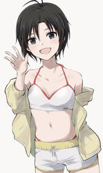  :d antenna_hair bikini black_hair breasts cleavage commentary female grey_eyes hair_between_eyes highres idolmaster idolmaster_(classic) idolmaster_2 jacket kikuchi_makoto long_sleeves midriff mogskg navel off_shoulder open_mouth short_hair shorts simple_background smile solo standing swimsuit symbol-only_commentary thong upper_body waving white_background 