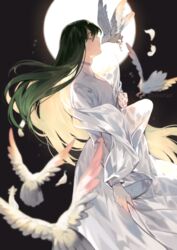  1other androgynous animal artist_name bird closed_eyes collar commentary enkidu_(fate) fate/strange_fake fate_(series) floating_hair from_side green_hair hair_between_eyes holding lips long_hair long_sleeves moon night outdoors robe shihoran simple_background solo standing very_long_hair white_bird 