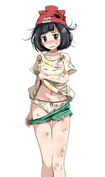  :o bare_legs beanie black_eyes black_hair blunt_bangs blush bow bow_panties breasts clothes_lift clothes_pull collarbone crying crying_with_eyes_open dirty dirty_clothes dirty_face female floral_print green_bow green_shorts hat looking_at_viewer medium_hair messy_hair navel open_mouth panties photoshop_(medium) pokemon pokemon_sm red_hat selene_(pokemon) shirt shirt_lift short_sleeves shorts shorts_pull simple_background small_breasts solo tears torn_clothes torn_panties torn_shirt torn_shorts tsukishiro_saika underwear white_background white_panties yellow_shorts 