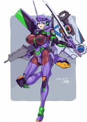  :d armor blue_hair breasts brown_eyes dated eva_01 evangelion_(mecha) fangs female full_body gun hashtag-only_commentary highres holding holding_gun holding_sword holding_weapon horns large_breasts looking_at_viewer mecha_musume mechanical_horns michi_kuso neon_genesis_evangelion open_mouth personification purple_armor science_fiction signature single_horn skin_tight smile solo standing standing_on_one_leg sword weapon 