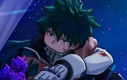  1boy blush bodysuit boku_no_hero_academia freckles gloves green_bodysuit green_eyes green_hair korean_commentary looking_at_viewer lowres male_focus midoriya_izuku seoltang_(nitro_sugar) shirt short_hair tears white_gloves 