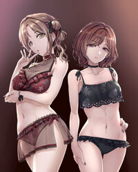  2girls arm_under_breasts bikini black_choker black_nails black_ribbon bracelet breasts brown_background brown_eyes brown_hair choker cleavage finger_to_mouth floral_print frilled_bikini frills hair_bun hair_ribbon hand_on_own_ass hand_on_own_thigh hand_up hi-ho- highres higuchi_madoka ichikawa_hinana idolmaster idolmaster_shiny_colors jewelry long_hair looking_at_viewer multiple_girls navel neck_ribbon parted_bangs print_bikini purple_nails red_bikini red_choker ribbon sarong see-through see-through_sarong see-through_swimsuit simple_background single_side_bun standing swimsuit 