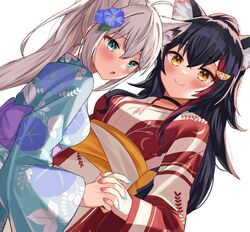  2girls :o animal_ear_fluff animal_ears aqua_kimono bad_id bad_twitter_id black_hair blue_flower blue_kimono blue_nails blush breasts cardigan choker commentary commission dutch_angle floral_print flower fox_ears green_eyes hair_between_eyes hair_flower hair_ornament height_difference high_ponytail holding_hands hololive interlocked_fingers japanese_clothes kimono large_breasts long_hair looking_ahead looking_at_viewer loose_hair_strand moonbell multicolored_hair multiple_girls nail_polish obi ookami_mio open_mouth pink_nails purple_sash red_hair red_kimono sash shirakami_fubuki sidelocks simple_background skeb_commission smile streaked_hair two-tone_hair two-tone_kimono virtual_youtuber white_background white_hair white_kimono white_sash wolf_ears yellow_cardigan yellow_eyes yellow_sash yukata 