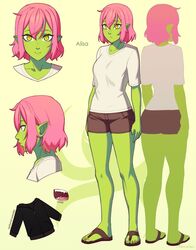  alisa_(razalor) artist_name brown_shorts character_name colored_skin commentary english_commentary english_text fangs female full_body green_eyes green_skin hair_between_eyes looking_at_viewer multiple_views original parted_lips pink_hair pointy_ears profile razalor shirt short_hair short_shorts shorts simple_background slippers teeth white_shirt yellow_background 