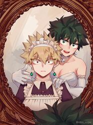  2girls bakugou_katsuki blonde_hair boku_no_hero_academia breasts dress earrings freckles genderswap_(mtf) gloves green_eyes green_hair jewelry looking_at_viewer maid midoriya_izuku mirror multiple_girls necklace open_mouth red_eyes rule_63 seoltang_(nitro_sugar) shirt short_hair simple_background smile spiked_hair teeth twitter_username wedding_dress white_dress white_gloves 