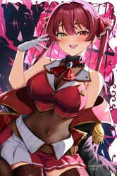  :d armpit_crease artist_name bare_shoulders belt black_jacket bodystocking breasts cleavage commentary_request covered_navel cowboy_shot female gloves hair_between_eyes hair_ribbon heterochromia highres hiroki_(hirokiart) hololive houshou_marine houshou_marine_(1st_costume) jacket large_breasts long_hair looking_at_viewer multicolored_background multicolored_clothes off_shoulder open_clothes open_jacket open_mouth pleated_skirt red_eyes red_hair red_ribbon red_skirt ribbon see-through see-through_cleavage shirt skirt sleeveless sleeveless_shirt smile solo tassel teeth thighhighs twintails upper_teeth_only virtual_youtuber white_gloves yellow_eyes 