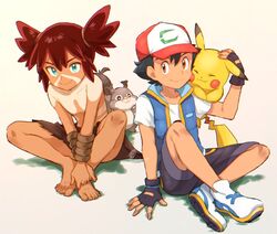  2boys barefoot baseball_cap black_hair brown_eyes chitozen_(pri_zen) closed_mouth collarbone commentary facepaint fingerless_gloves gloves green_eyes hat knees knees_apart_feet_together koko_(pokemon) male_focus multiple_boys pikachu pokemon pokemon_(anime) pokemon_(creature) pokemon_the_movie:_secrets_of_the_jungle red_hair satoshi_(pokemon) shirt shoes shorts sitting skwovet sleeveless sleeveless_jacket smile spread_legs toenails toes topless_male white_footwear white_shirt 