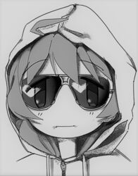  ahoge commentary cosplay female greyscale hood hoodie jacket monochrome parody portrait real_life shoujo_shuumatsu_ryokou solo sunglasses ted_kaczynski ted_kaczynski_(cosplay) toorops yuuri_(shoujo_shuumatsu_ryokou) 