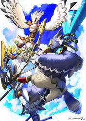  anthro avian bird bow_(weapon) breath_of_the_wild clothing duo feathers great_eagle_bow hi_res male nintendo ranged_weapon revali rito t_yamanashi teba_(tloz) the_legend_of_zelda weapon 