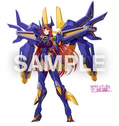  breasts commentary_request commission dated female hair_behind_ear horns large_breasts leotard long_hair looking_at_viewer mecha_musume michi_kuso neo_granzon personification red_eyes red_hair sample_watermark signature skeb_commission smile solo standing super_robot_wars super_robot_wars_original_generation very_long_hair watermark white_background 