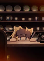  ahoge animal_ears antique_phone artist_request bar_(place) baseball_cap blonde_hair blue_eyes cat_ears chibi commentary_request corded_phone counter cup fate/grand_carnival fate/grand_order fate_(series) female hat hiding highres indoors long_hair looking_at_viewer mysterious_neko_x neco_spirit official_art peeking_out peeping phone plate ponytail rotary_phone slit_pupils solo teacup 