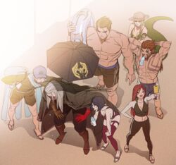  3girls 4boys arm_tattoo arms_up baseball_cap bent_over black_hair black_jacket black_pants black_shorts blonde_hair blue_shorts bottle breasts brothers brown_hair cassiopeia_(league_of_legends) chest_tattoo cleavage closed_eyes crossed_arms darius_(league_of_legends) draven grey_hair hat holding holding_phone holding_umbrella jacket katarina_(league_of_legends) league_of_legends leblanc_(league_of_legends) long_hair medium_hair multiple_boys multiple_girls muscular muscular_male noxus_(league_of_legends) outdoors pants phone red_hair scar scar_across_eye scar_on_face shadow short_hair shorts siblings sisters smile snake_girl standing sunlight swain_(league_of_legends) sweat sweatdrop talon_(league_of_legends) tattoo topless_male umbrella walking zaket07 